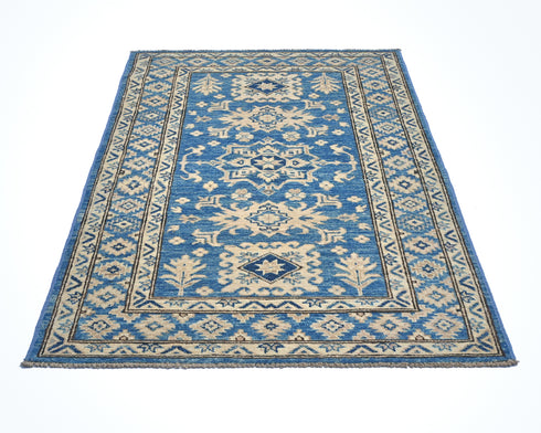 3x5 Feet Blue Kazak Afghan Hand Knotted Geometric Wool Area Rug